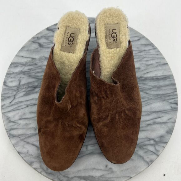 UGG Stacked Block Heeled Mules Womens 9.5 Brown Suede Shearling Lining Slip On - Picture 8 of 11